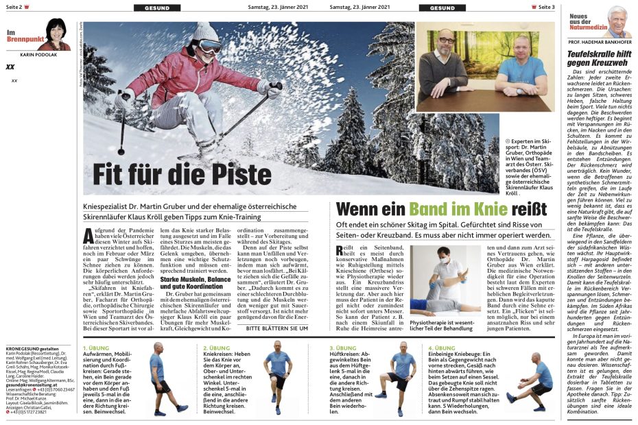 Zeitungsausschnitt des Artikels "Fit für die Piste" von Dr. Martin Gruber in der Kronen Zeitung
