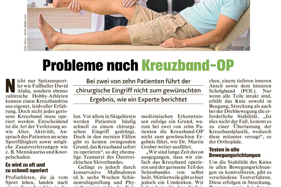 Zeitungsartikel "Probleme nach Kreuzband-OP" von Dr. Martin Gruber in der Kronen Zeitung